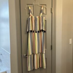 THML Rainbow Stripe Tassel Midi Dress Sz XS 100% Cotton Summer Beach Casual Boho